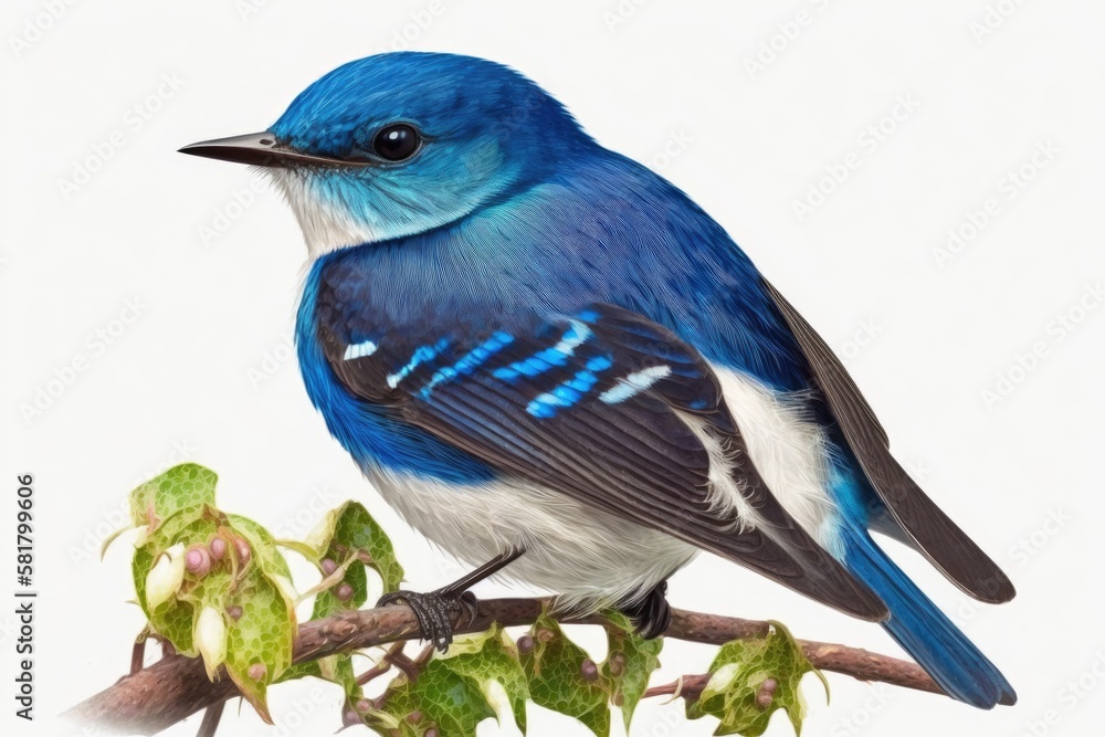 Ultramarine Flycatcher (superciliaris ficedula) beautiful blue bird with white belly isolated on whi