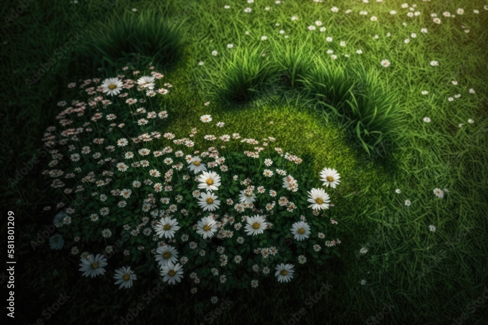 Grassy ground with daisies visible from above. Generative AI