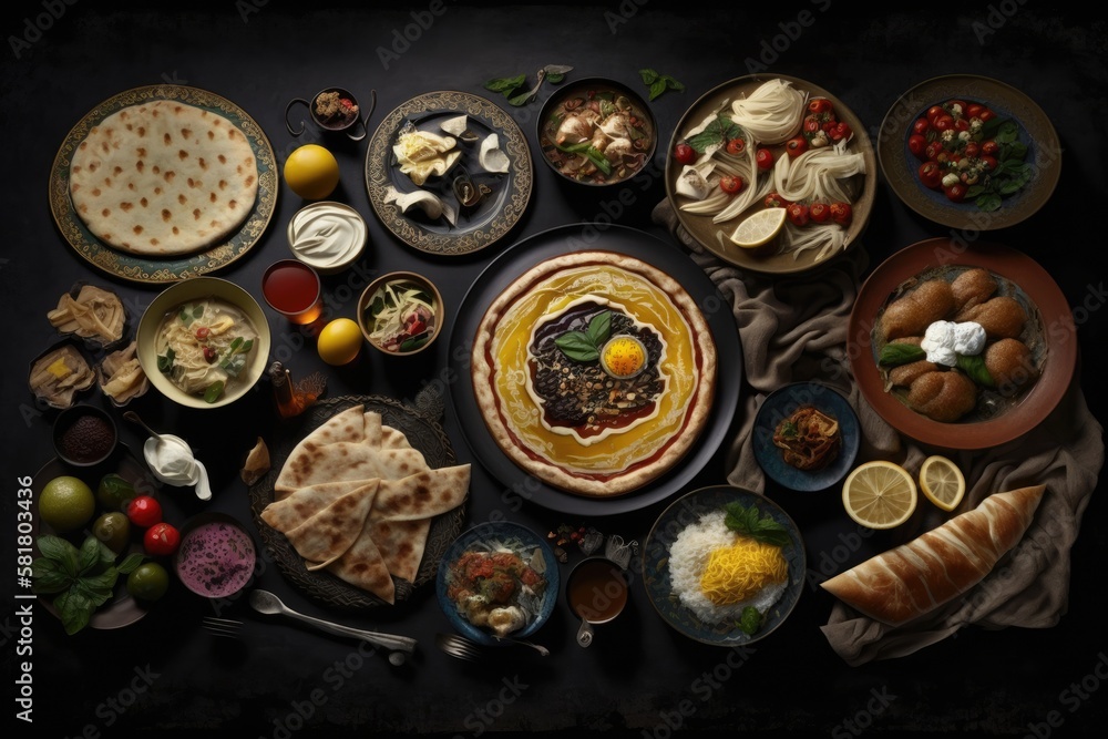 Iraqi food on a black masgouf table. Generative AI