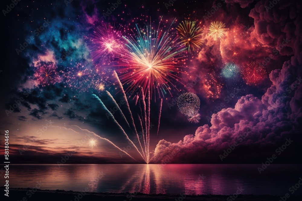 A colorful fireworks display is set against a dusky sky. Generative AI