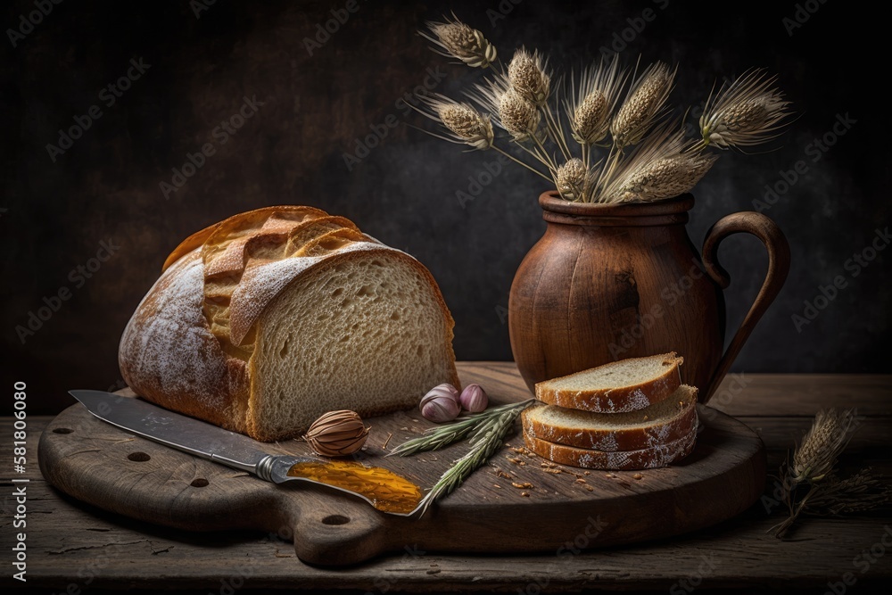 wheat and fresh bread on a wooden board. Generative AI