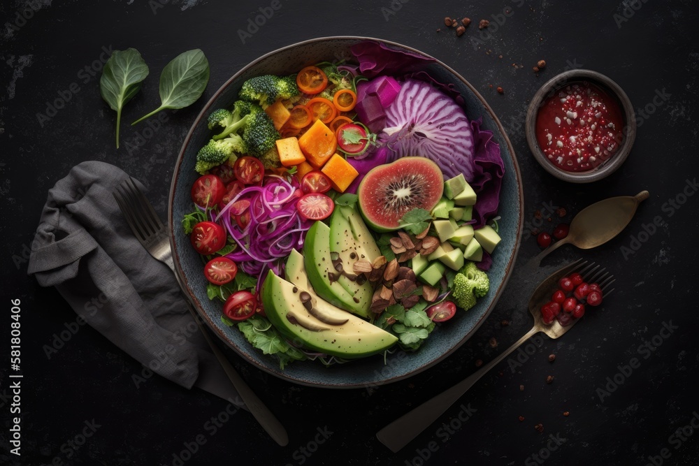 bowl of vegan lunch. Salad of veggies with avocado, red beans, tomato, cucumber, red cabbage, and wa