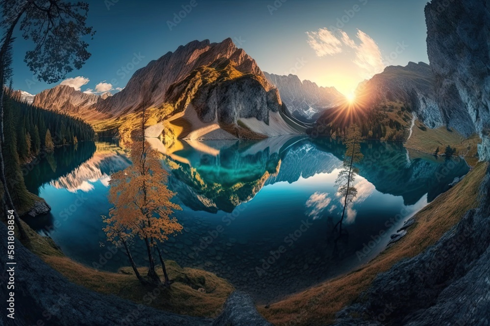 dawn panorama of Urisee lake. Amazing Austrian Alps fall scene. European country of Austria in the o