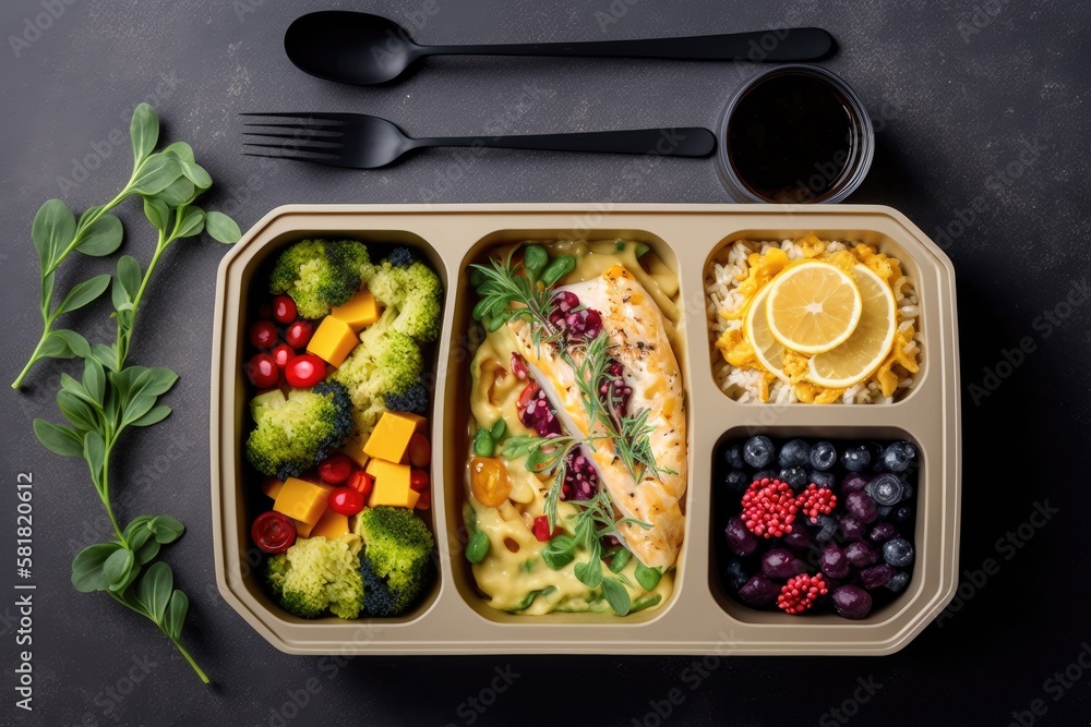 Business lunch in eco plastic container ready for delivery.Top view. Office Lunch boxes with food re