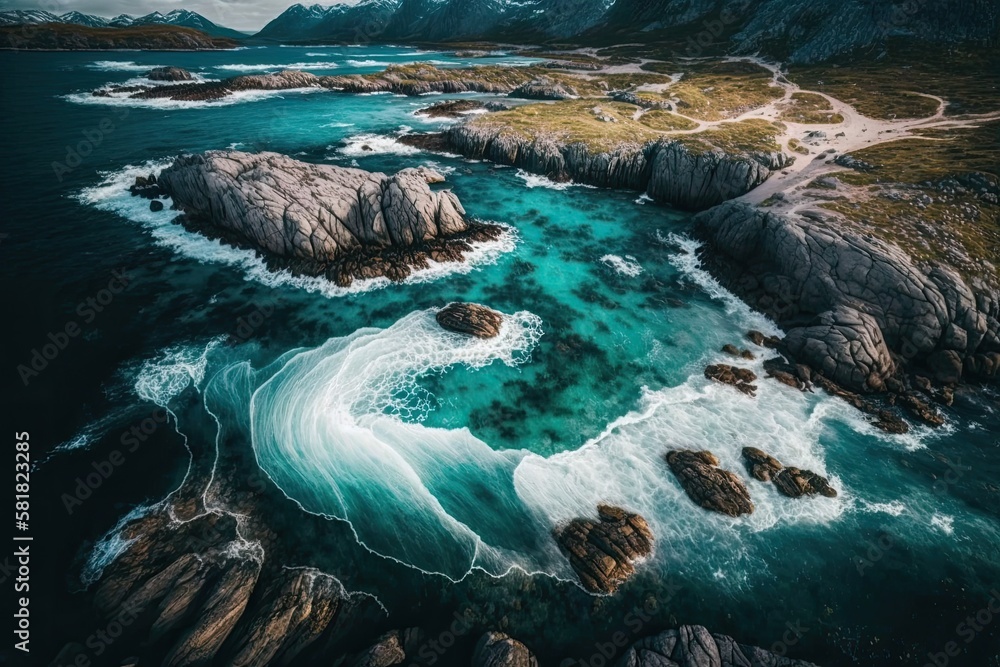 aerial view of Norways Telavg coastline, showing the sea waves and rocks. sweeping view of the seas