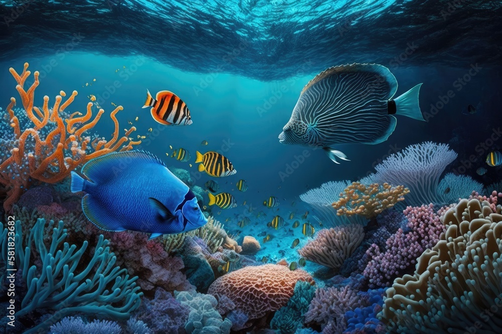 Scene Of Coral Reef And Tropical Fish Underwater. Generative AI