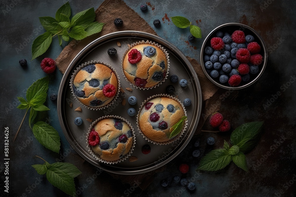 Fresh berries and blueberry muffins, top view. Generative AI