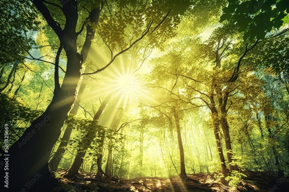 Panorama of a beautiful, lush forest of deciduous trees, with the sun shining through the foliage. G