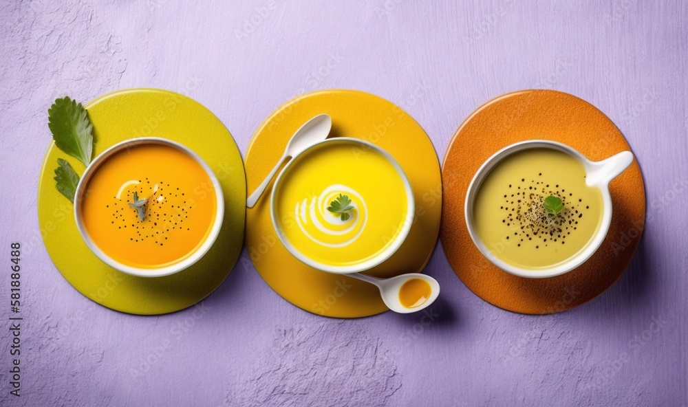  three bowls of soup on a purple tablecloth with spoons and spoons next to them on a yellow plate wi