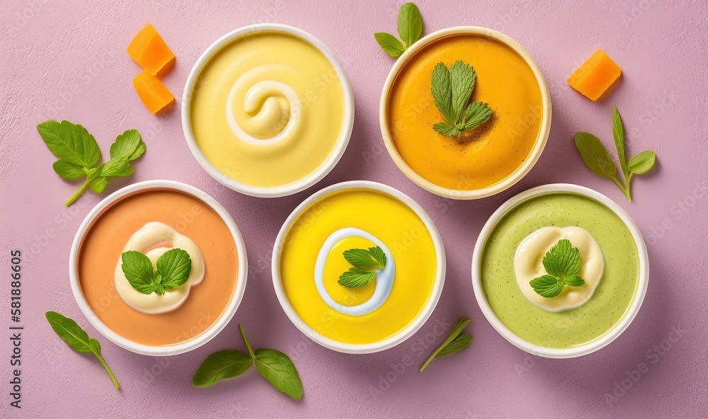  four bowls of different colored soups on a pink surface with green leaves and carrots on top of the