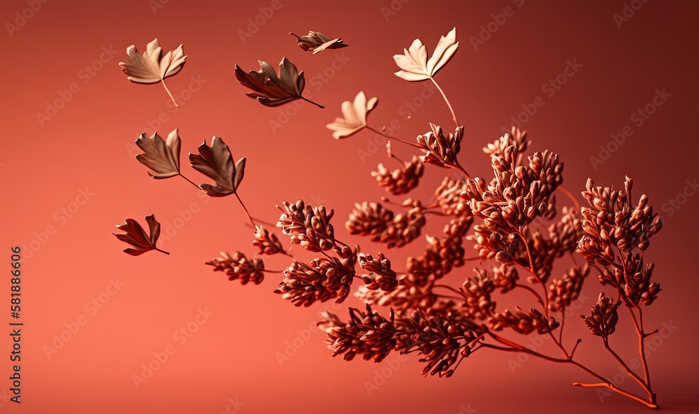  a bunch of leaves floating in the air on a red background with a red background behind them and a r