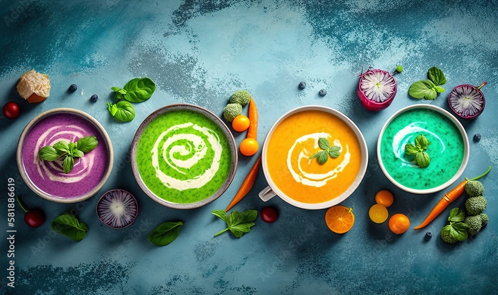  a group of bowls filled with different colored soups next to vegetables and fruit on a blue surface