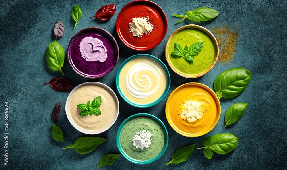  a group of bowls filled with different types of dips and sauces on top of a table with green leaves