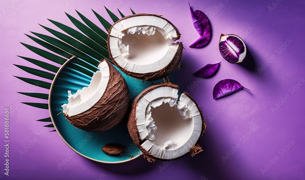  a purple plate topped with a cut in half coconut next to a purple flower and a green leaf on a purp