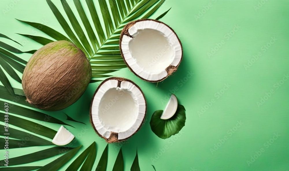  two halves of a coconut and a half of a coconut on a green background with a palm leaf and a cut in