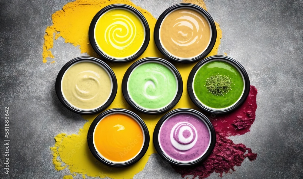  a group of paint cans sitting on top of a cement floor next to a yellow and red paint swatch with a