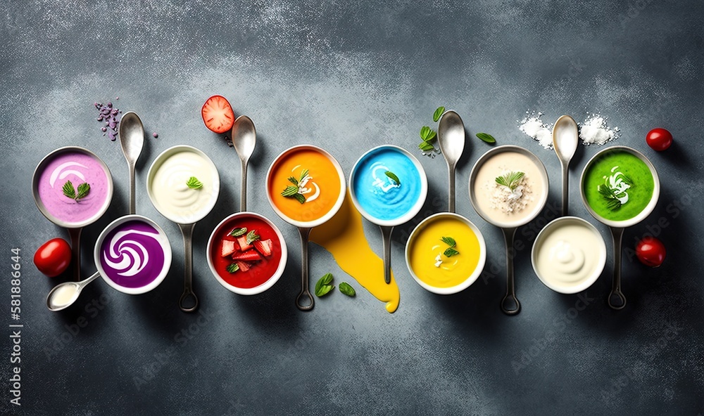  a group of bowls of soup with spoons and spoons on a gray surface with tomatoes, peppers, onions, c