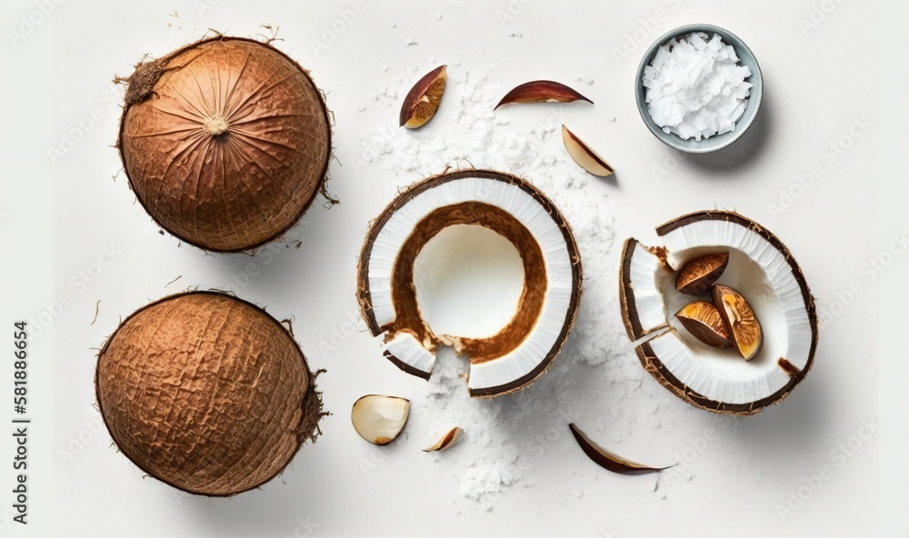  coconuts with coconut oil and coconuts on a white surface with coconuts and coconuts on the side of