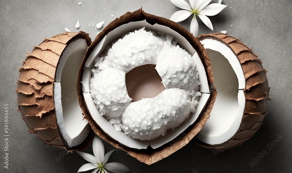  a donut is in a coconut shell with coconuts around it on a gray surface with white flowers on the s