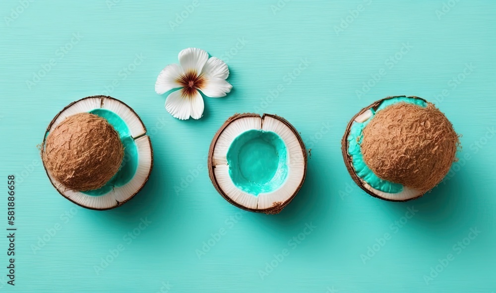  three pieces of coconut with a flower on a blue background with a green background and a white flow