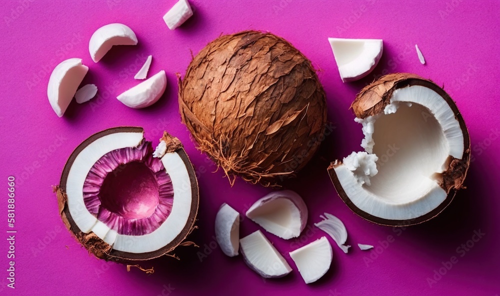  a cut open coconut and a whole coconut on a purple background with a bite taken out of the whole co