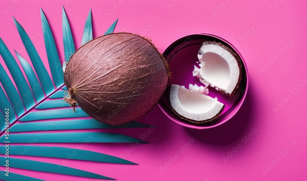  a coconut in a tin next to a blue palm leaf on a pink background with a pink and blue tin of coconu