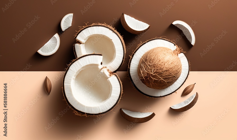  a whole coconut and half a coconut on a brown and pink background with a half a coconut and a half 