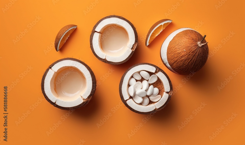  a group of coconuts and a half of a coconut on an orange background with a bite taken out of one of