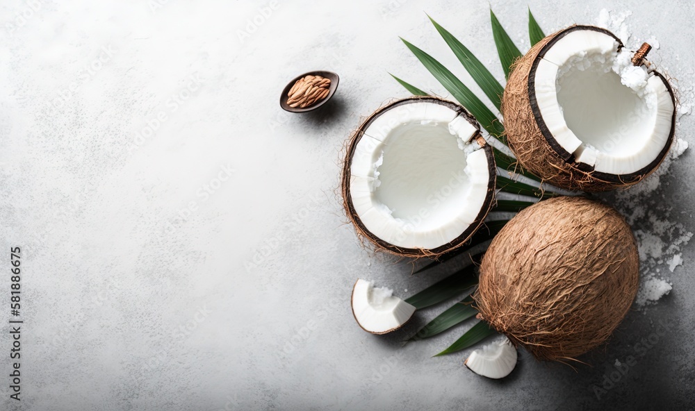  a couple of coconuts sitting on top of a white table next to a green leaf and a nut on top of a whi