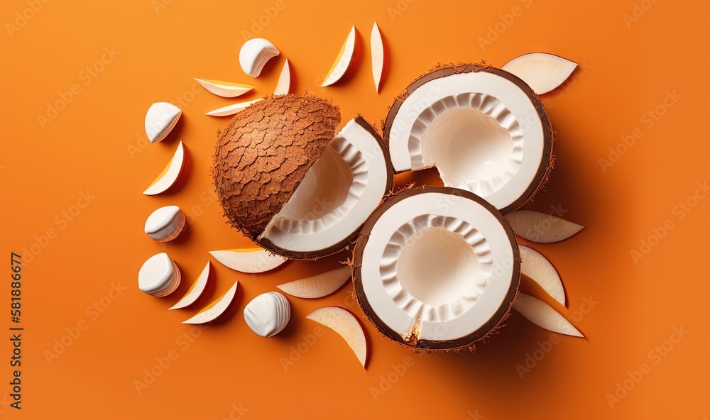  three pieces of fruit are shown on an orange background with a peeled piece of fruit in the middle 