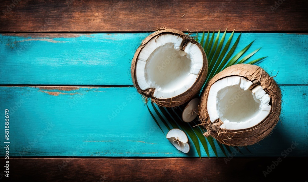  a couple of coconuts sitting on top of a wooden table next to a green leaf and a blue wooden table 