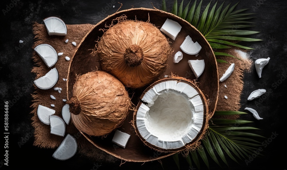  coconuts and coconut oil on a black background with palm leaves and coconut oil in a bowl on a tabl