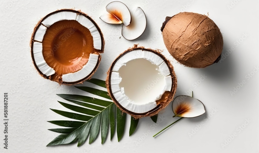  coconuts and leaves on a white surface with a white wall in the background and a white wall in the 