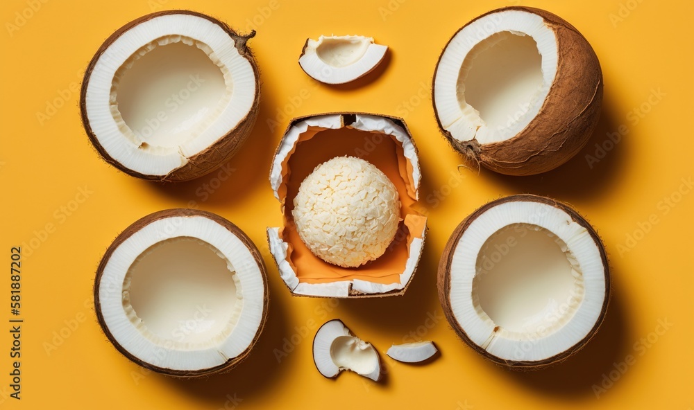  a half eaten coconut and a whole coconut in a carton on a yellow background with other half peeled 