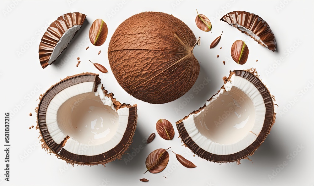  a whole coconut and a whole coconut on a white surface with nuts scattered around it and a whole co