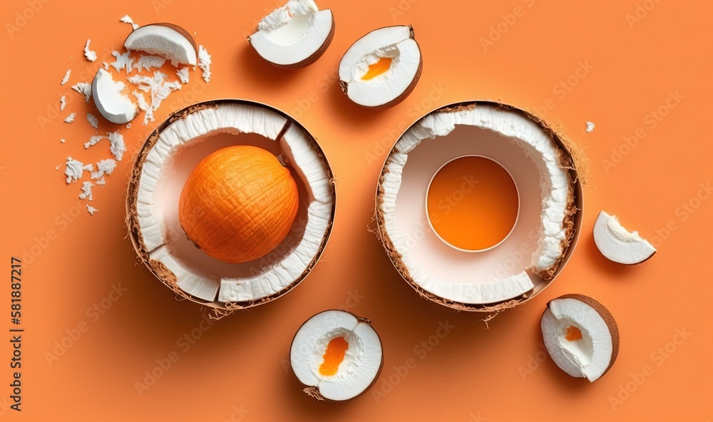  a peeled orange and a whole peeled orange on an orange background with pieces of peeled orange in t