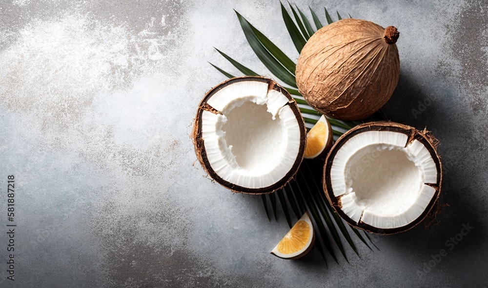  a couple of coconuts sitting on top of a table next to a slice of lemon and a green palm leaf on a 