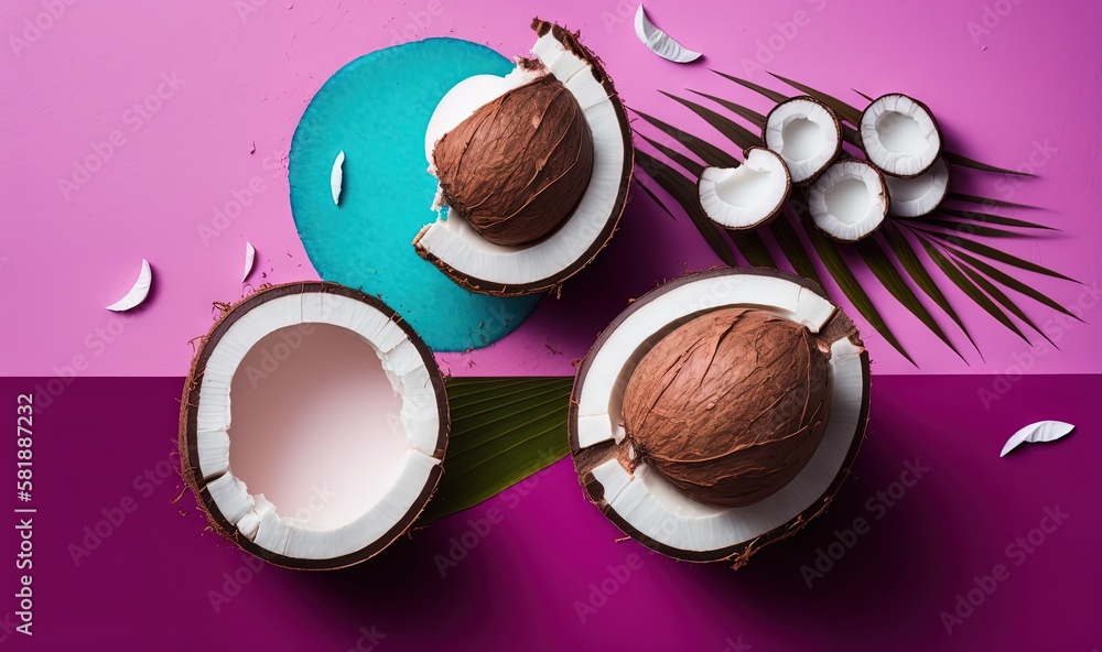  a couple of coconuts sitting on top of a purple and blue table cloth next to a green leaf and a pur