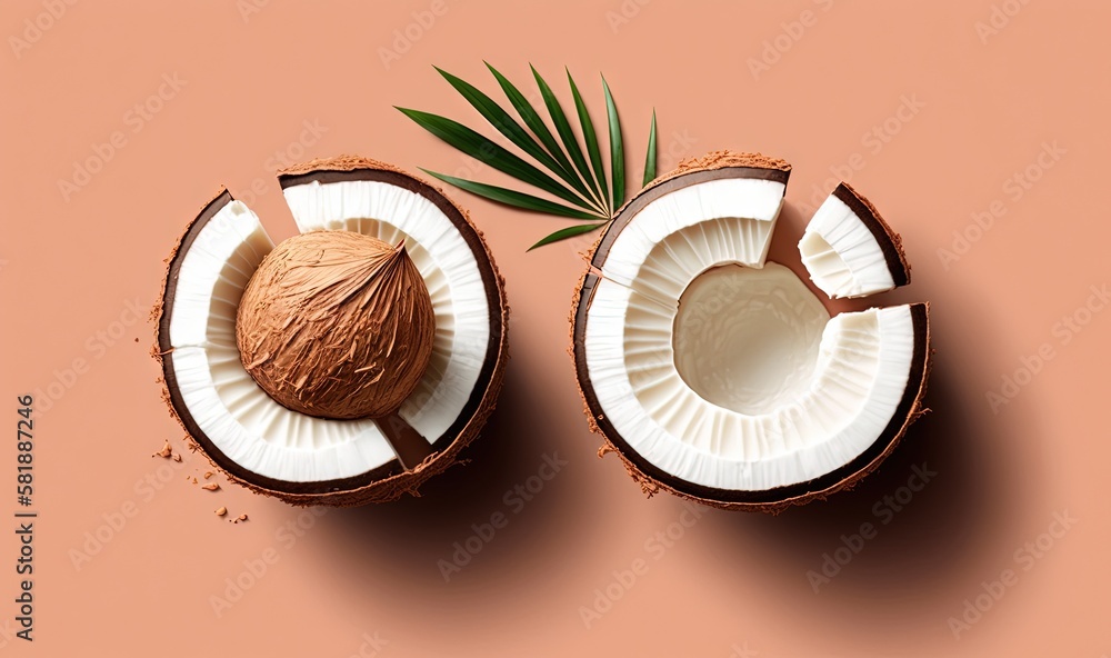  two halves of a coconut with a green leaf on a pink background with a half cut in half of the cocon