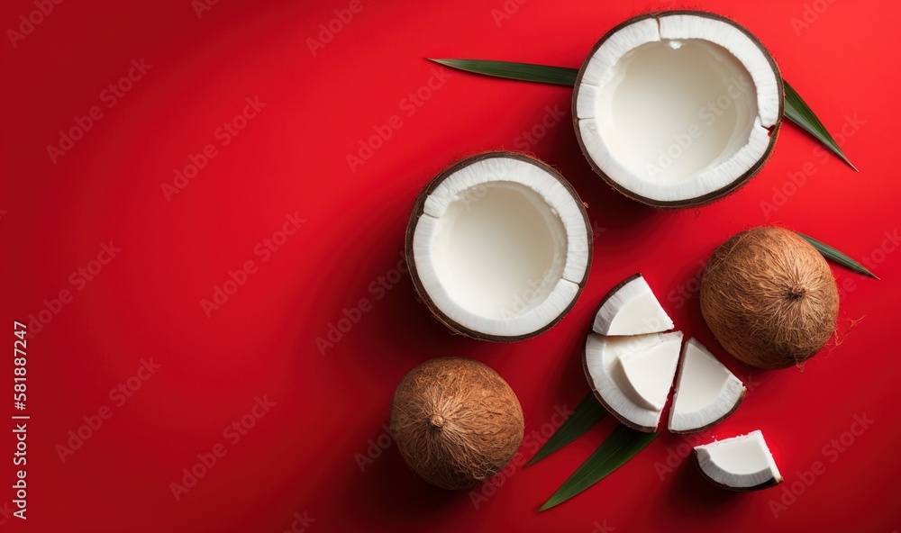  a cut up coconut next to a cut in half coconut on a red background with a green leaf and a cut in h