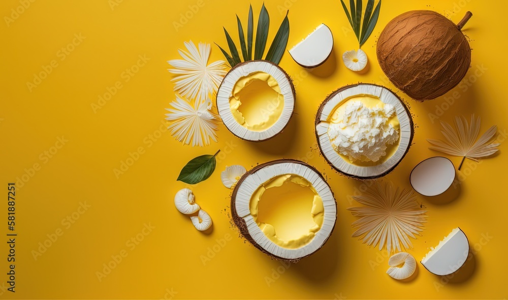  a yellow background with coconuts and other food items on top of it and a green leaf on the bottom 