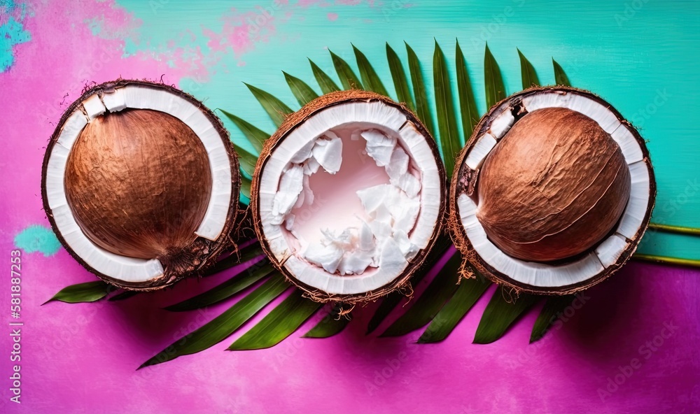  three coconuts with leaves on a pink and blue background with a green palm leaf on the left and a p