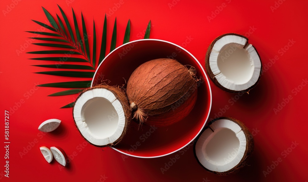  a bowl of coconuts with a leaf on a red background with a palm leaf on the side of the bowl and two