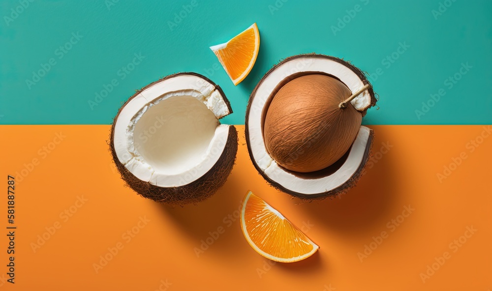  a couple of oranges sitting next to a coconut on top of an orange and green tablecloth with a half 