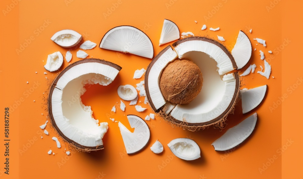  a cut open coconut and a whole coconut on an orange background with a bite taken out of one of the 