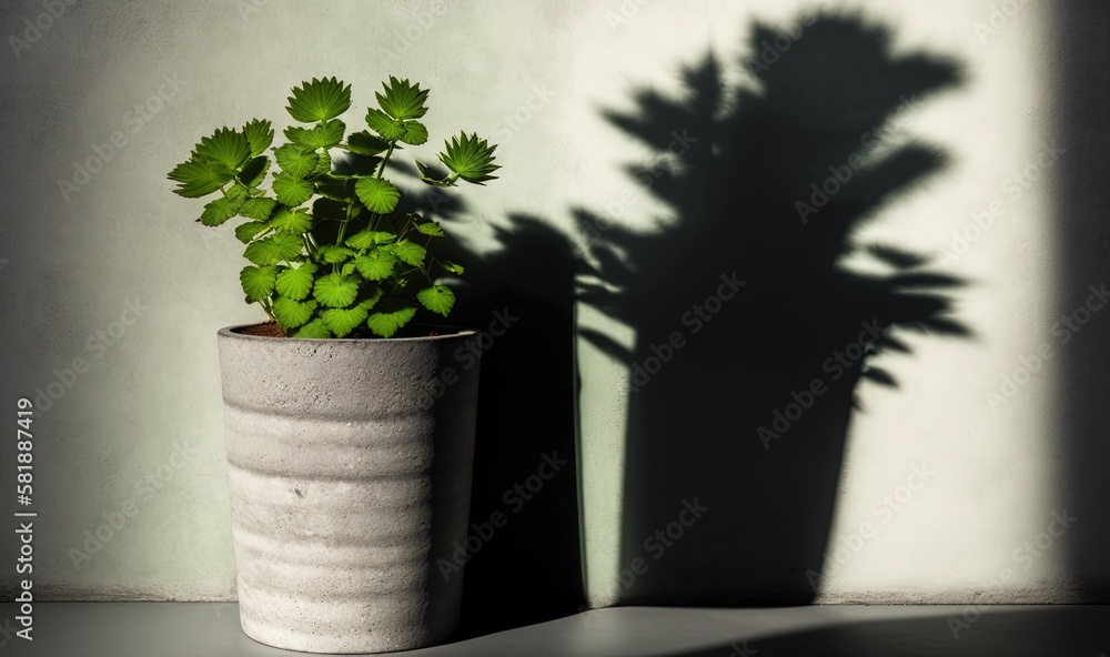  a potted plant sitting next to a shadow of a tree on a wall with a shadow cast on the wall behind t