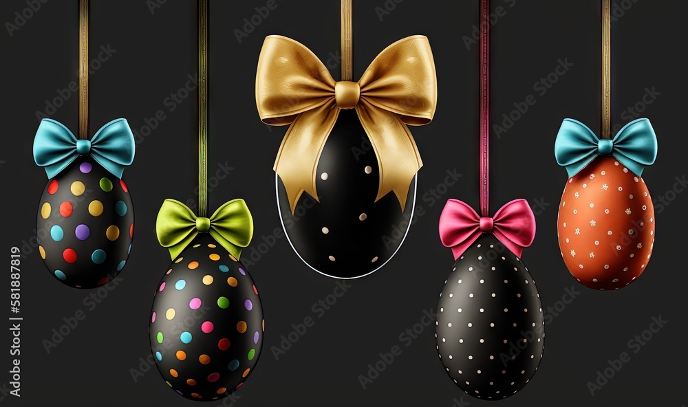  a row of decorated easter eggs hanging from a line with a bow on top of one of the eggs is decorate