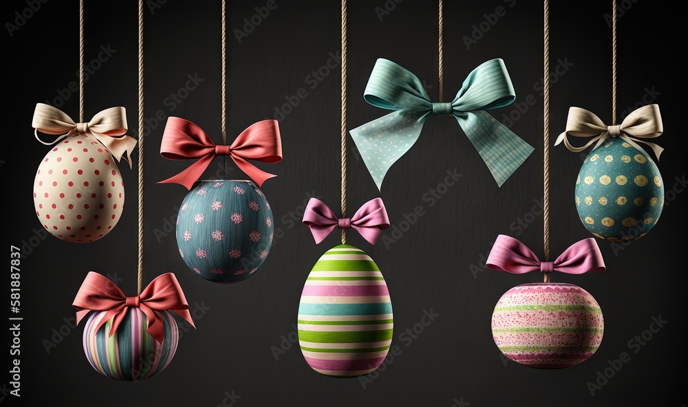  a group of colorful easter eggs hanging from strings with bows on them, all decorated in pastel col