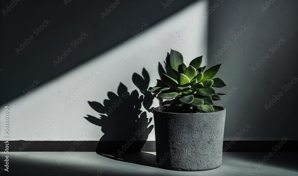  a potted plant sitting on top of a table next to a shadow of a wall and a window on the side of a w