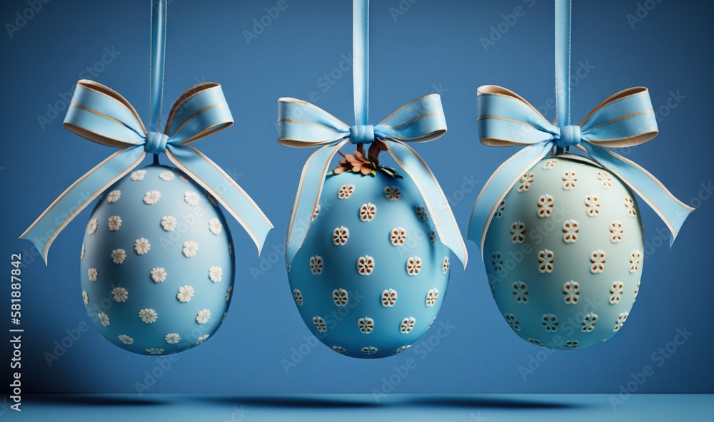  three easter eggs with bows hanging from a line on a blue background with a blue background behind 